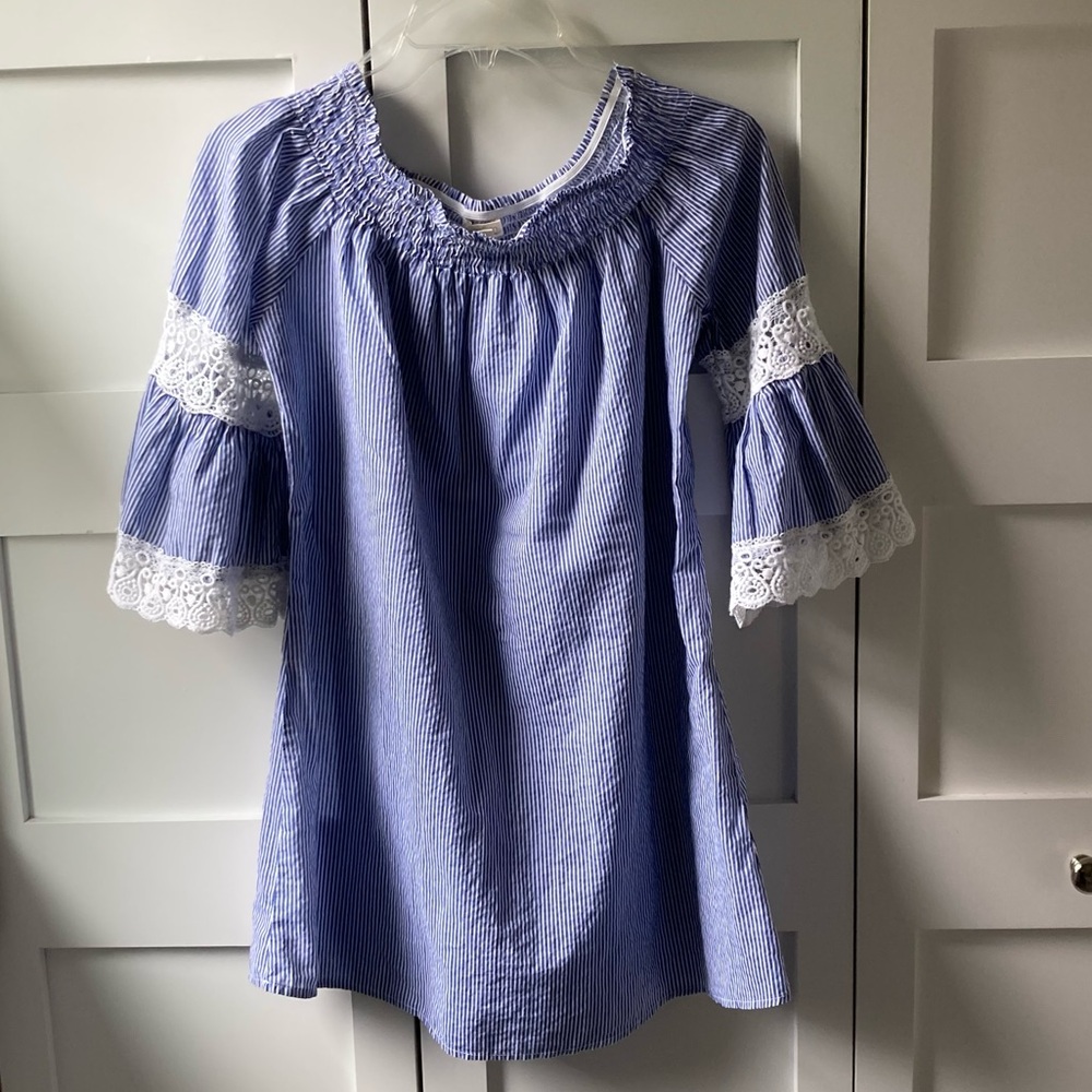 Blue Striped Women's Top with Lace Trim